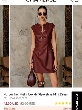 Commense Sleeveless Mini Dress in Burgundy with Gold Buckles XS